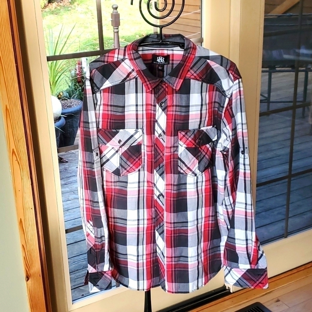 Rock & Republic The Iconic Shirt Red Plaid Casual Button Down Sz. L Shirt NWT